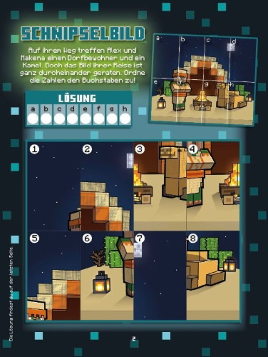 Buchcover und Innenansicht für das Buch: Minecraft: Der große Glow-in-the-Dark Stickerspaß: Stickern - Rätseln - Ausmalen