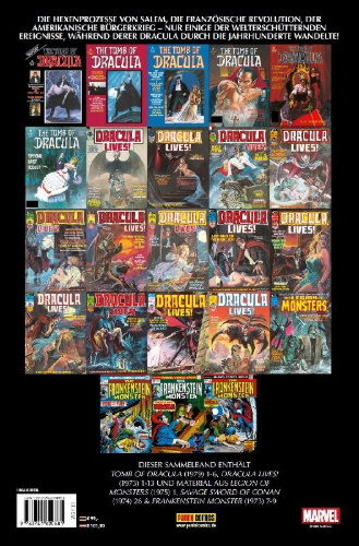 Buchcover und Innenansicht für das Buch: Tomb of Dracula (1979) 1-6; Dracula Lives! (1973) 1-13; Material aus Legion Of Monsters (1975) 1, Savage Sword Of Conan (1974) 26, Frankenstein Monster (1973) 7-9