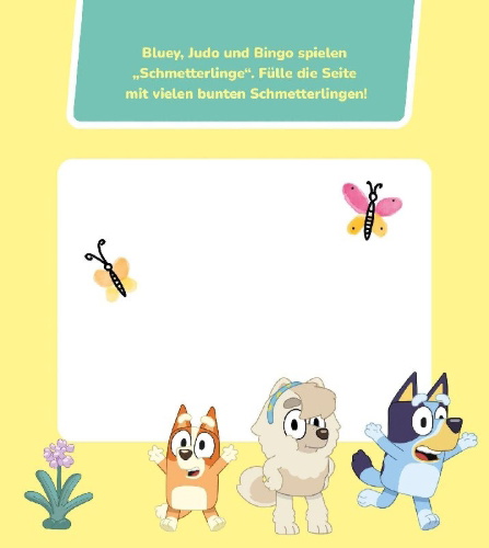 Buchcover und Innenansicht für das Buch: Bluey: Mein Malspaß mit Fingerstempeln