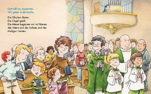 Buchcover und Innenansicht für das Buch: Komm mit in die Kirche (Pappbilderbuch)