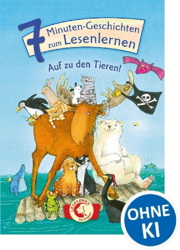 Buchcover und Innenansicht für das Buch: 7-Minuten-Geschichten zum Lesenlernen - Auf zu den Tieren!