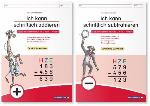 Buchcover und Innenansicht für das Buch: Ich kann schriftlich addieren und subtrahieren - 2 Arbeitshefte im Set