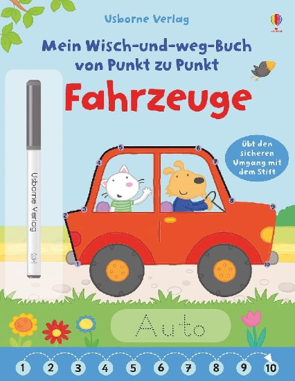 Buchcover und Innenansicht für das Buch: Mein Wisch-und-weg-Buch von Punkt zu Punkt: Fahrzeuge