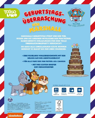 Buchcover und Innenansicht für das Buch: PAW Patrol Briefe-Geschichtenbuch: Geburtstagsüberraschung für Marshall