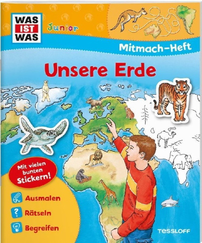 Buchcover und Innenansicht für das Buch: WAS IST WAS Junior Mitmach-Heft Unsere Erde