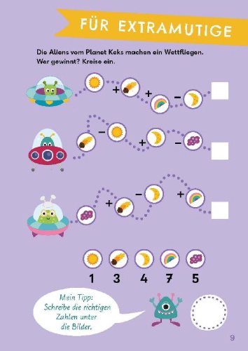 Buchcover und Innenansicht für das Buch: Rechenrätsel für mutige Kinder - Abenteuer Weltraum