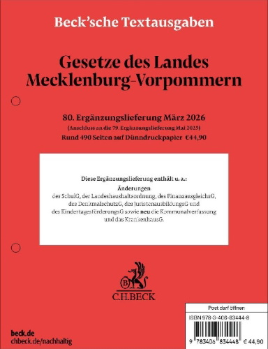 Buchcover und Innenansicht für das Buch: Gesetze des Landes Mecklenburg-Vorpommern 80. Ergänzungslieferung