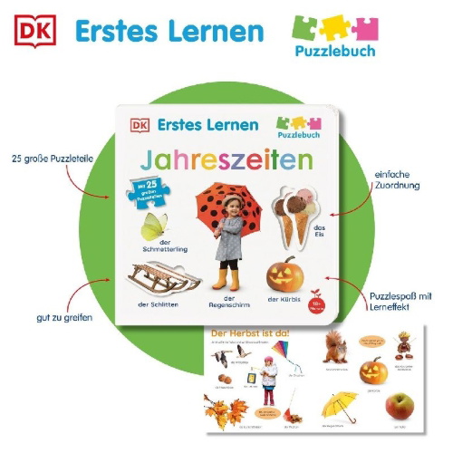 Buchcover und Innenansicht für das Buch: Erstes Lernen Puzzlebuch. Jahreszeiten