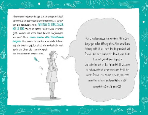 Buchcover und Innenansicht für das Buch: Jeden Freitag die Welt bewegen - Gretas Geschichte