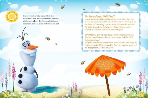 Buchcover und Innenansicht für das Buch: Disney Die Eiskönigin: ESCAPE - Löse die Rätsel, finde Elsa und rette Olaf!