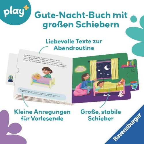 Buchcover und Innenansicht für das Buch: Play+ Mein erstes Schiebebuch Gute Nacht - ab 18 Monate