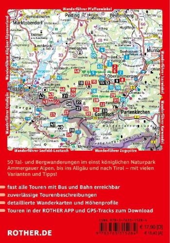 Buchcover und Innenansicht für das Buch: ROTHER Wanderführer Ammergauer Alpen. 50 Touren von Oberammergau bis Füssen, Garmisch-Partenkirchen und zum Plansee