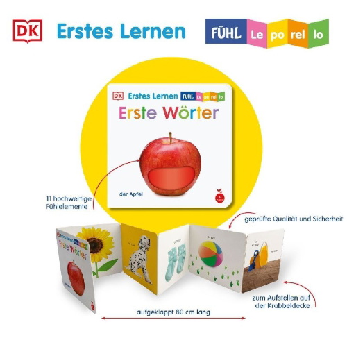 Buchcover und Innenansicht für das Buch: Erstes Lernen Fühl-Leporello. Erste Wörter
