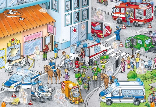 Buchcover und Innenansicht für das Buch: Wimmeln, Rätseln, Stickern: Fahrzeuge
