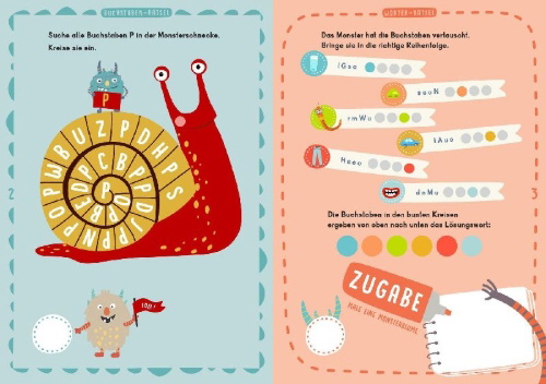 Buchcover und Innenansicht für das Buch: Leserätsel für mutige Kinder - Die Monster sind los! - ab 6 Jahren