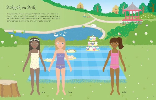 Buchcover und Innenansicht für das Buch: Mein Anziehpuppen-Stickerbuch: In der Natur