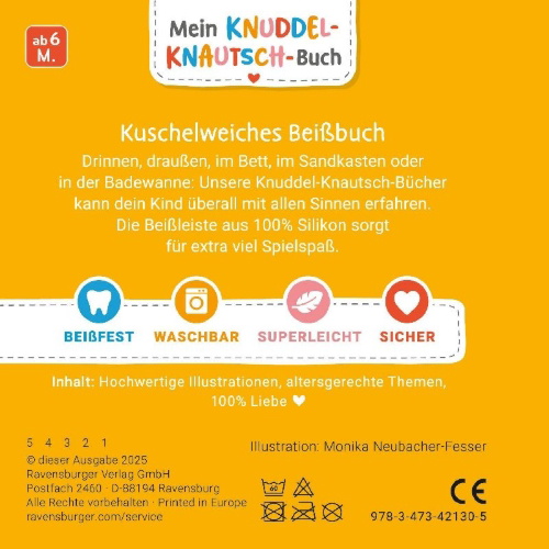 Buchcover und Innenansicht für das Buch: Mein Knuddel-Knautsch-Buch: flip&pop. Meine Welt (mit Pop-it Beißleiste); weiches Stoffbuch, waschbares Badebuch, Babyspielzug ab 0 Monate, Sensorik Spielzeug aus Silikon