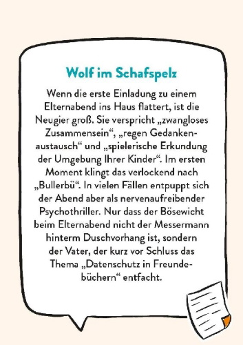 Buchcover und Innenansicht für das Buch: Survival Guide für den Elternabend