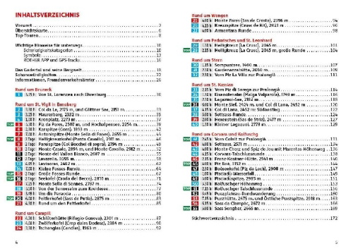 Buchcover und Innenansicht für das Buch: ROTHER Wanderführer Dolomiten - Gadertal: 55 Touren im Val Badia und in den Naturparks Puez-Geisler und Fanes-Sennes-Prags.