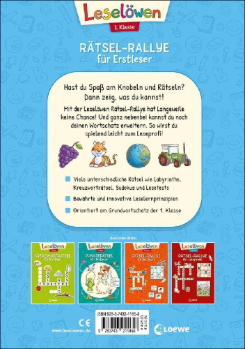 Buchcover und Innenansicht für das Buch: Leselöwen Rätsel-Rallye für Erstleser - 1. Klasse (Hellblau)