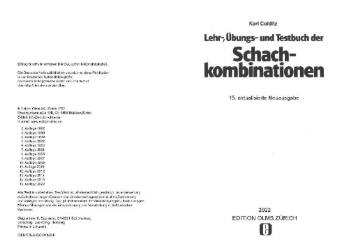 Buchcover und Innenansicht für das Buch: Lehr-, Übungs- und Testbuch der Schachkombinationen