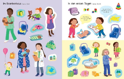 Buchcover und Innenansicht für das Buch: Mein erstes Stickerbuch: Wir bekommen ein Geschwisterchen,  Ein Tag in der Schule, Alle meine Freunde