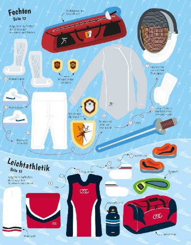 Buchcover und Innenansicht für das Buch: Mein Anzieh-Stickerbuch: Sportarten aus aller Welt