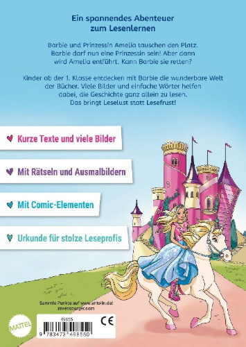 Buchcover und Innenansicht für das Buch: Barbie Princess Adventure: Prinzessin für einen Tag - Erstlesebuch zum Lesenlernen