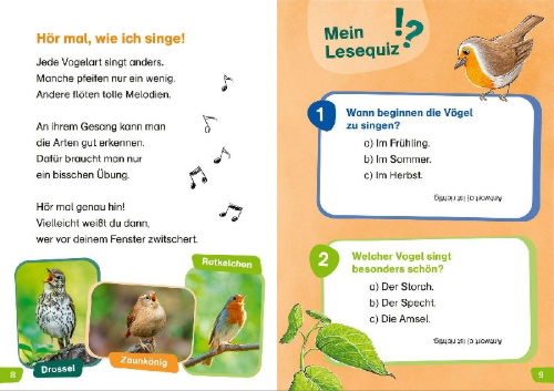 Buchcover und Innenansicht für das Buch: WAS IST WAS Erstes Lesen easy! Wie leben unsere Vögel?
