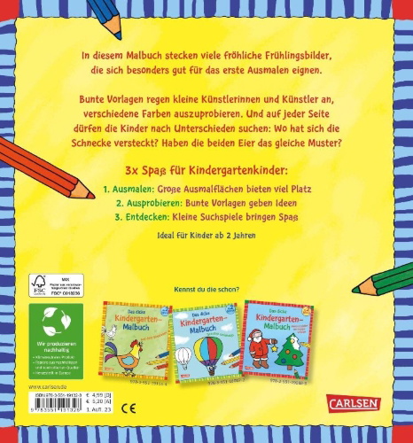 Buchcover und Innenansicht für das Buch: Ausmalbilder für Kita-Kinder: Das dicke Kindergarten-Malbuch: Auf der Wiese