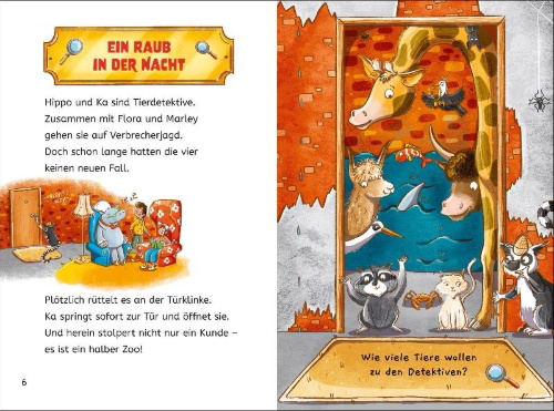 Buchcover und Innenansicht für das Buch: Tierdetektive Hippo & Ka - Wer hat das Katzengold stibitzt?