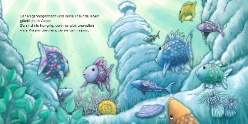Buchcover und Innenansicht für das Buch: Der Regenbogenfisch stiftet Frieden