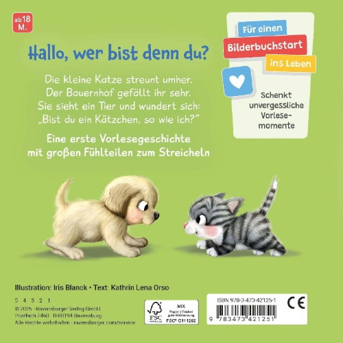 Buchcover und Innenansicht für das Buch: Mein erstes Vorlese-Fühlbuch - Bist du eine Katze?