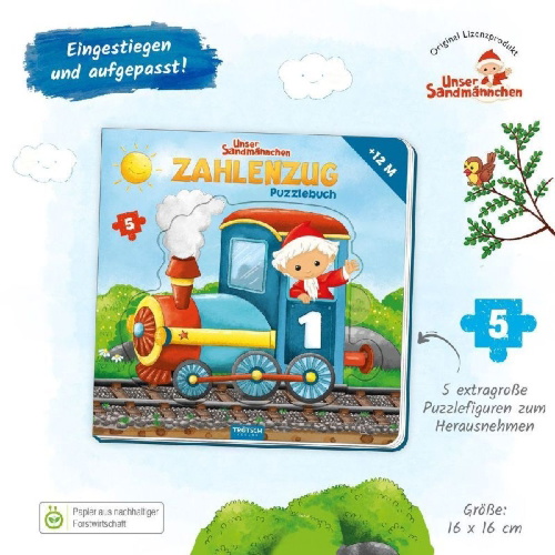 Buchcover und Innenansicht für das Buch: Trötsch Unser Sandmännchen Puzzlebuch Zahlenzug Puzzlebuch