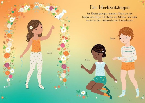 Buchcover und Innenansicht für das Buch: Mein erstes Anziehpuppen-Stickerbuch: Helen auf dem Hochzeitsfest