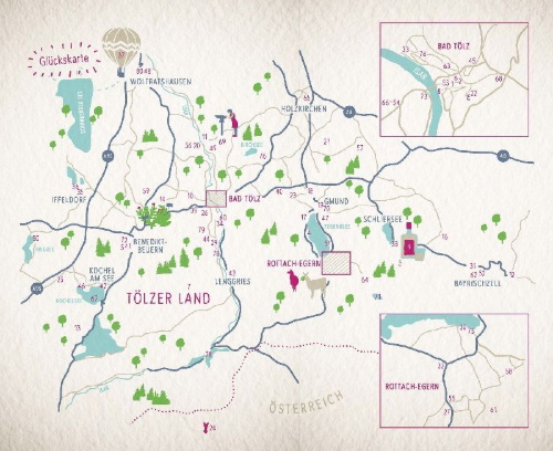 Buchcover und Innenansicht für das Buch: Glücksorte im Tölzer Land. Mit Tegernsee & Schliersee