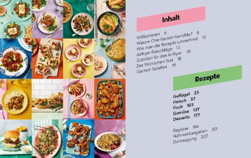Buchcover und Innenansicht für das Buch: The Ultimate Airfryer Cookbook: One Basket Meals