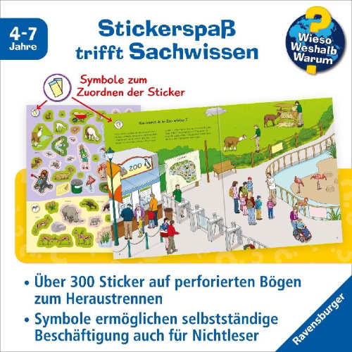 Buchcover und Innenansicht für das Buch: Wieso? Weshalb? Warum? Stickerheft: Im Zoo