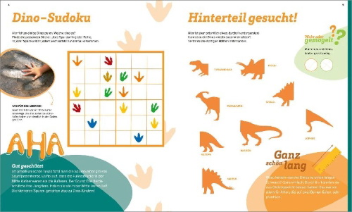Buchcover und Innenansicht für das Buch: WAS IST WAS Rätseln und Stickern: Dinosaurier