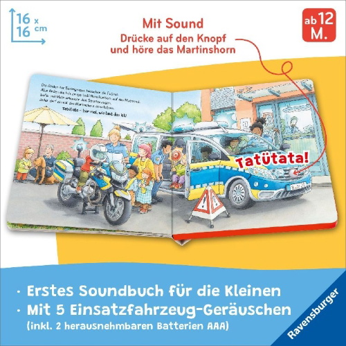 Buchcover und Innenansicht für das Buch: Hör mal hin - Tatütata! Wer kommt denn da? Einsatzfahrzeuge