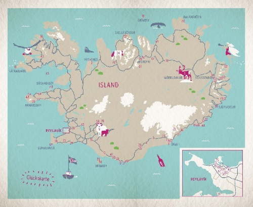 Buchcover und Innenansicht für das Buch: Glücksorte in Island