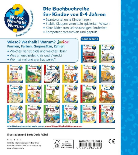 Buchcover und Innenansicht für das Buch: Wieso? Weshalb? Warum? Sonderband junior: Kennst du Formen, Farben, Gegensätze, Zahlen?