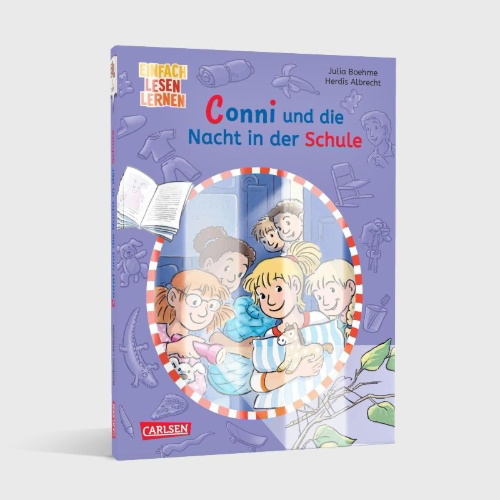 Buchcover und Innenansicht für das Buch: Lesen lernen mit Conni: Conni und die Nacht in der Schule