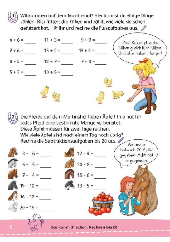 Buchcover und Innenansicht für das Buch: Bibi & Tina: Mein Lernrätsel-Block Mathematik für die 2. Klasse
