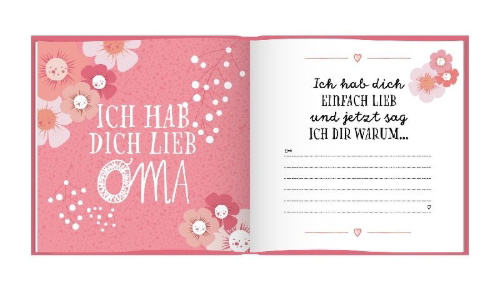 Buchcover und Innenansicht für das Buch: Das Erinnerungsbuch für die beste Oma der Welt. Ausfüllbuch zum Verschenken für die Oma zum Geburtstag, oder Muttertag. Liebevolle Geschenkidee für Oma von Enkeltochter und Enkelsohn. Geschenkbuch