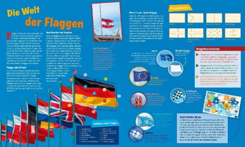 Buchcover und Innenansicht für das Buch: WAS IST WAS Sticker-Atlas Flaggen