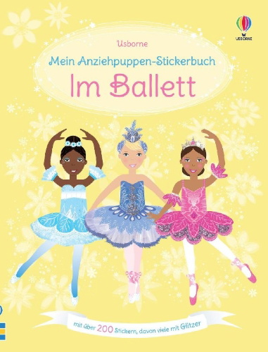 Buchcover und Innenansicht für das Buch: Meine glitzernden Anziehpuppen-Stickerbücher mini: Im Ballett, Feen, Freundinnen und Prinzessinnen