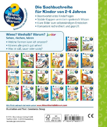 Buchcover und Innenansicht für das Buch: Wieso? Weshalb? Warum? junior, Band 36 - Sehen, riechen, hören