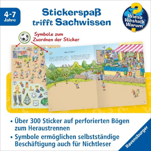 Buchcover und Innenansicht für das Buch: Wieso? Weshalb? Warum? Stickerheft: Fußball