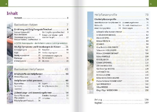 Buchcover und Innenansicht für das Buch: Grüne Hausapotheke für Katzen. Kompakt-Ratgeber